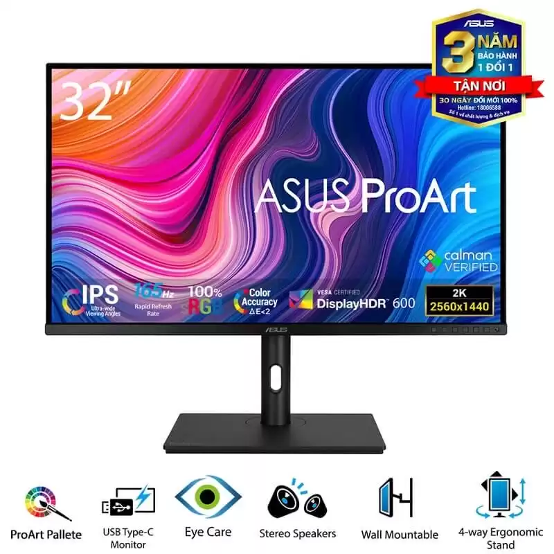 ASUS ProArt Display PA328CGV Professional Monitor - 32 inch, QHD (2560 x 1440), 165 Hz, 95% DCI-P3, 100% sRGB/Rec.709, Color Accuracy ΔE < 2, Calman Verified, USB-C, VESA DisplayHDR 600, FreeSync Premium Pro, C-clamp, Ergonomic Stand