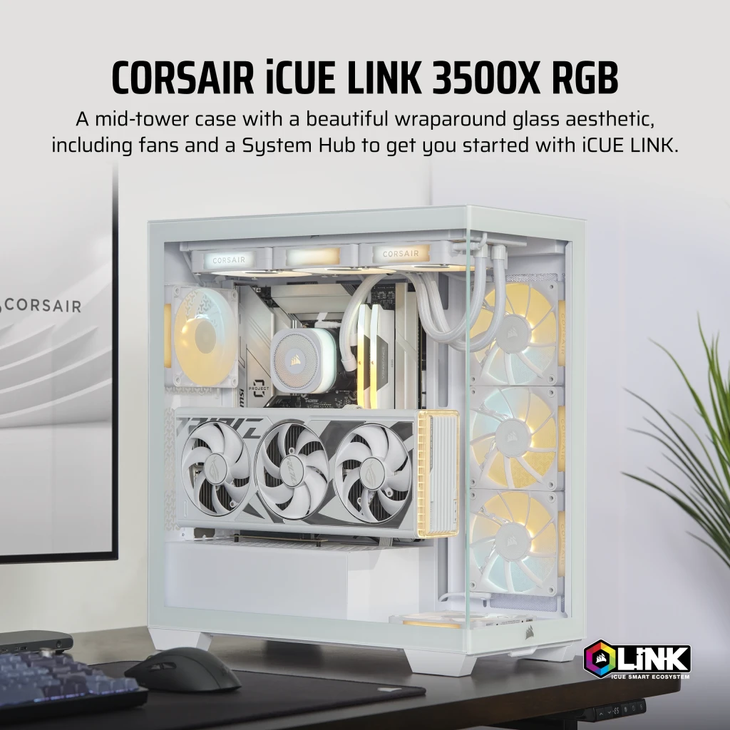 CORSAIR iCUE LINK 3500X RGB White Glass PC Case - Mid-Tower, 3x RS120 ARGB fans + iCUE LINK System Hub, Reverse Connection Motherboard Compatible 7 CORSAIR iCUE LINK 3500X RGB White Glass PC Case - Mid-Tower, 3x RS120 ARGB fans + iCUE LINK System Hub, Reverse Connection Motherboard Compatible - Ảnh 7