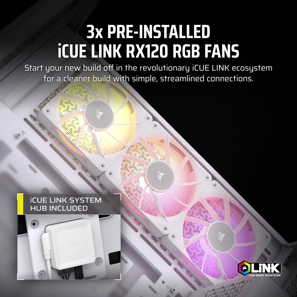 CORSAIR iCUE LINK 3500X RGB White Glass PC Case - Mid-Tower, 3x RS120 ARGB fans + iCUE LINK System Hub, Reverse Connection Motherboard Compatible 8 CORSAIR iCUE LINK 3500X RGB White Glass PC Case - Mid-Tower, 3x RS120 ARGB fans + iCUE LINK System Hub, Reverse Connection Motherboard Compatible - Ảnh 8