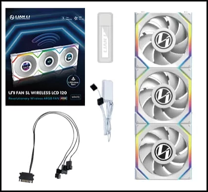 Lian Li UNI FAN SL Wireless LCD 120 Triple White Fan (12SLLCD1W3W) - 3x 120mm fans, 1.6" LCD Display, 2.4 GHz Wireless Signal for RGB & Fan Control 3 Lian Li UNI FAN SL Wireless LCD 120 Triple White Fan (12SLLCD1W3W) - 3x 120mm fans, 1.6" LCD Display, 2.4 GHz Wireless Signal for RGB & Fan Control - Ảnh 3