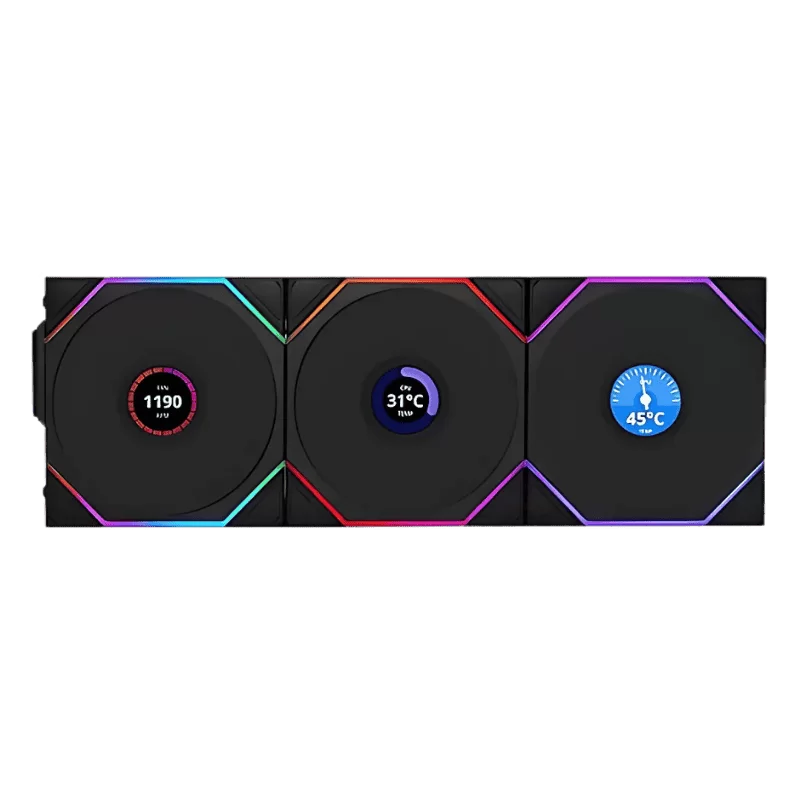 Lian Li UNI FAN TL120 LCD Wireless Triple Black Fan (12TLLCD1W3B) - 3x 120mm fans, 2.4 GHz Wireless Signal for RGB & Fan Control
