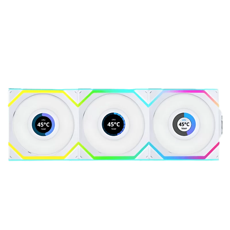 Lian Li UNI FAN SL Wireless LCD 120 Reverse Blade Triple White Fan (12RSLLCD1W3W) - 3x 120mm fans, 1.6" LCD Display, 2.4 GHz Wireless Signal for RGB & Fan Control