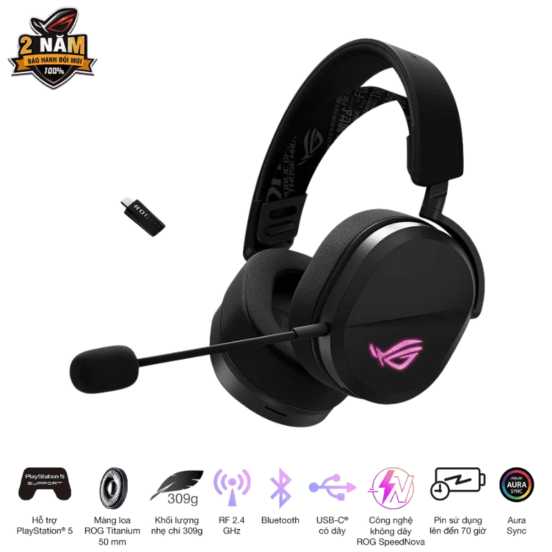 ASUS ROG Pelta Black Wireless Gaming Headset - Tri-mode connectivity, AuraSync, 309g, 50mm Titanium Drivers