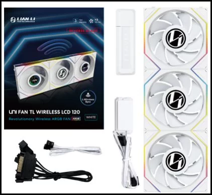 Lian Li UNI FAN TL120 LCD Wireless Reverse Blade Triple White Fan (12RTLLCD1W3W) - 3x 120mm fans, 2.4 GHz Wireless Signal for RGB & Fan Control 2 Lian Li UNI FAN TL120 LCD Wireless Reverse Blade Triple White Fan (12RTLLCD1W3W) - 3x 120mm fans, 2.4 GHz Wireless Signal for RGB & Fan Control - Ảnh 2