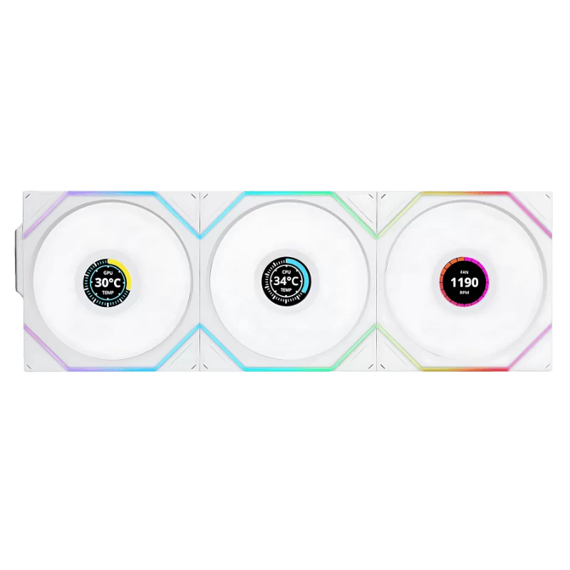 Lian Li UNI FAN TL120 LCD Wireless Reverse Blade Triple White Fan (12RTLLCD1W3W) - 3x 120mm fans, 2.4 GHz Wireless Signal for RGB & Fan Control 1 Lian Li UNI FAN TL120 LCD Wireless Reverse Blade Triple White Fan (12RTLLCD1W3W) - 3x 120mm fans, 2.4 GHz Wireless Signal for RGB & Fan Control