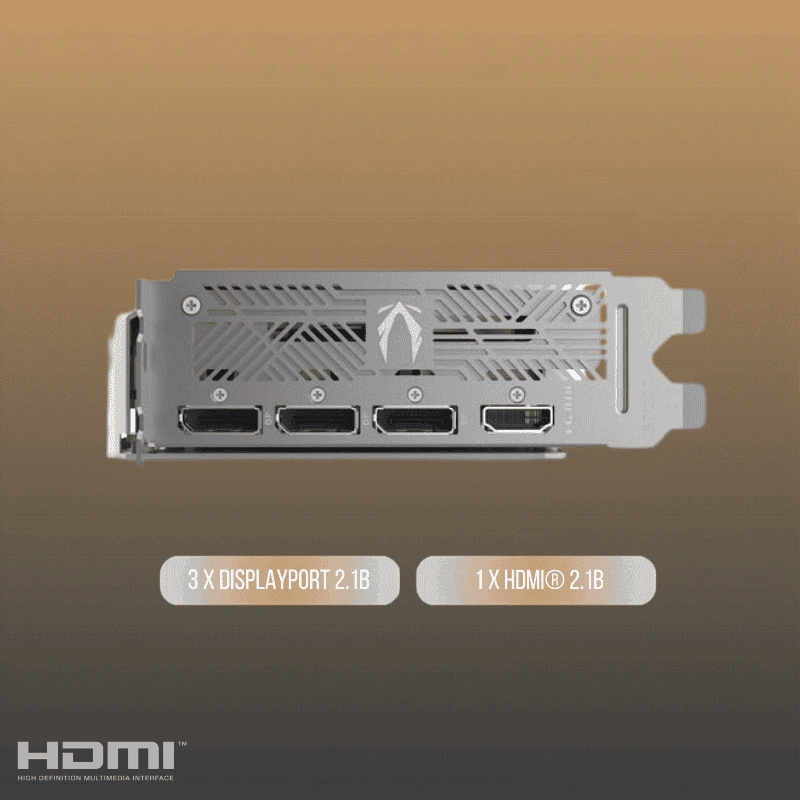 ZOTAC GAMING GeForce RTX 5070 AMP White Edition Cổng xuất hình chuẩn DisplayPort 2.1b và HDMI 2.1b