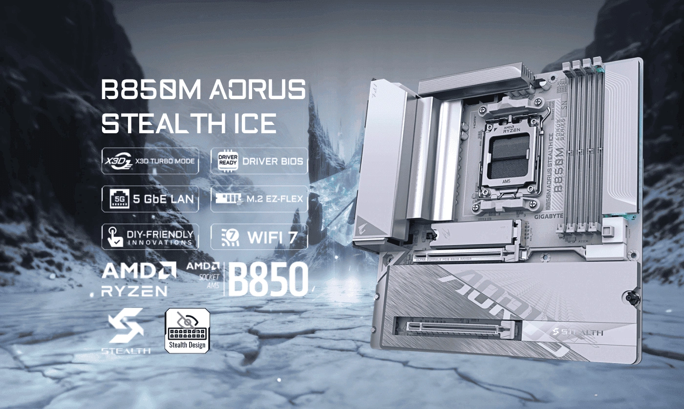 B850M AORUS STEALTH ICE Mainboard AMD B850 AM5 DDR5 Banner