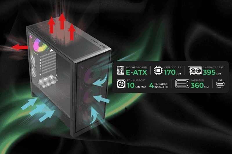 Mặt trước Elegant Mesh của Case LinkTech Bahamut 4FA Black
