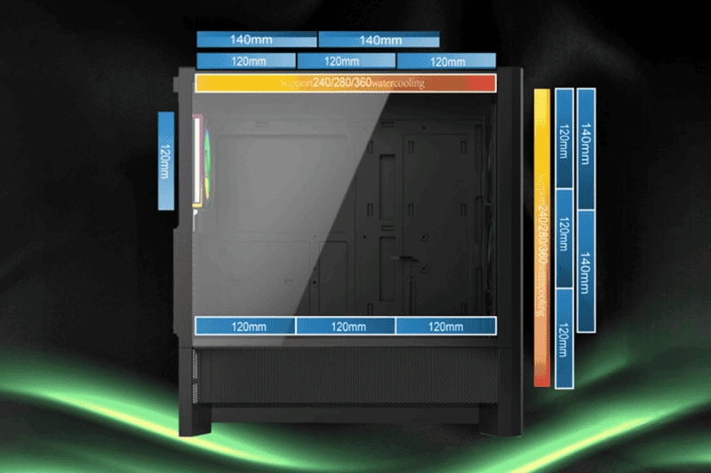 Hệ thống hỗ trợ 10 quạt làm mát trên Case LinkTech Bahamut 4FA Black